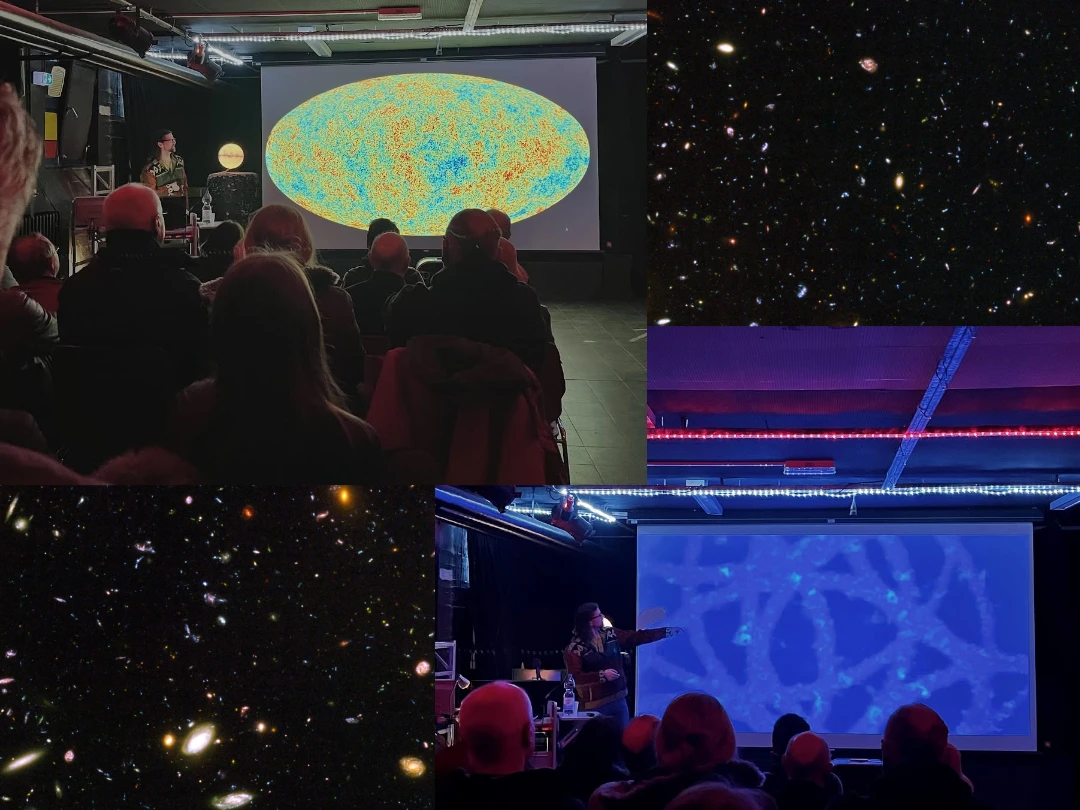 Collage of two public talks showing a cosmic microwave background map and a filamentary simulation, set against galaxy images.