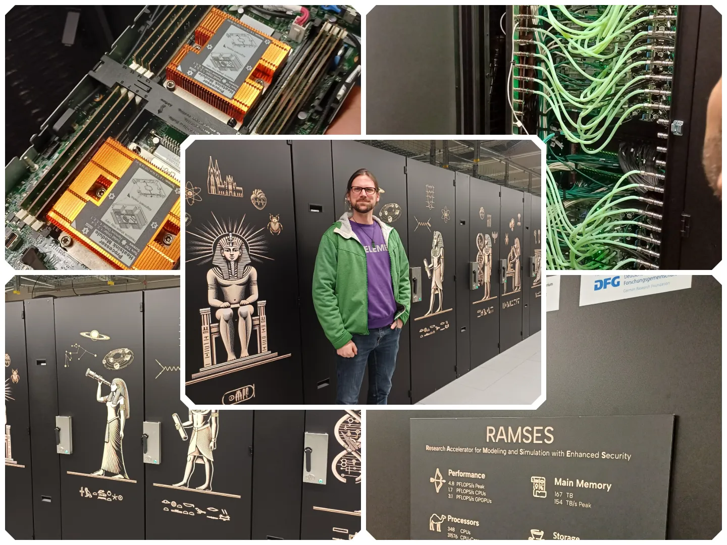 Collage of computer processors, green network cables, decorated server cabinets and a visitor beside the RAMSES system.