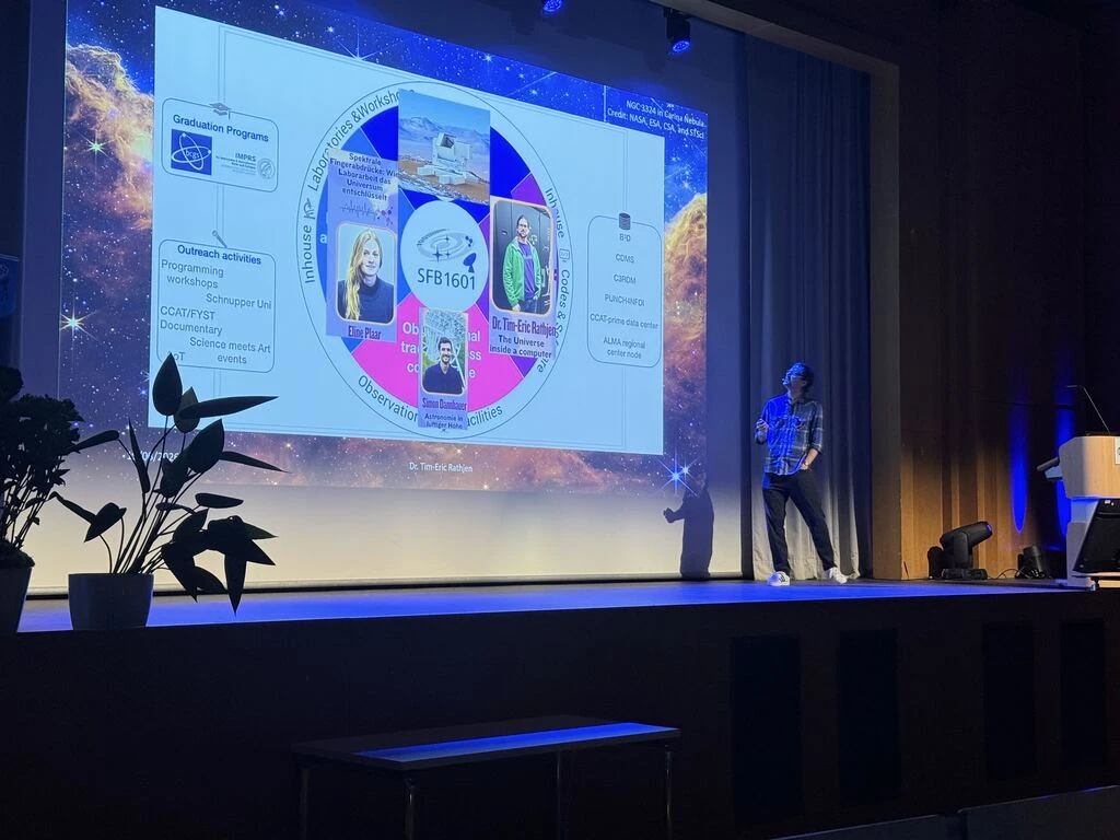 A speaker on stage beside a projected diagram of the symposium research programme.