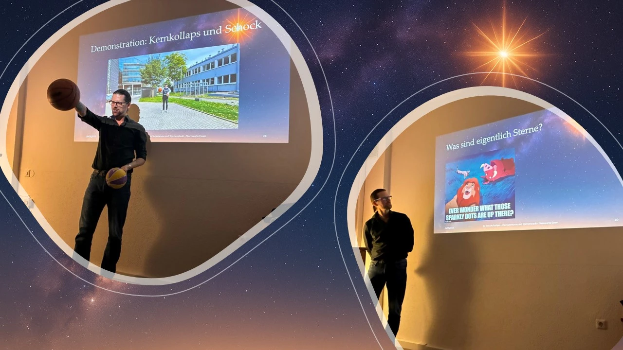 Two photographs of a speaker using props beside projected slides about stars and their chemical elements.